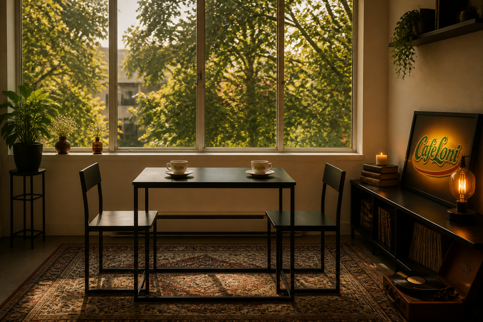 Cafe Loni's two-seat table beside the window with chairs facing each other, coffee cups, plants, books, and warm vinyl-inspired details